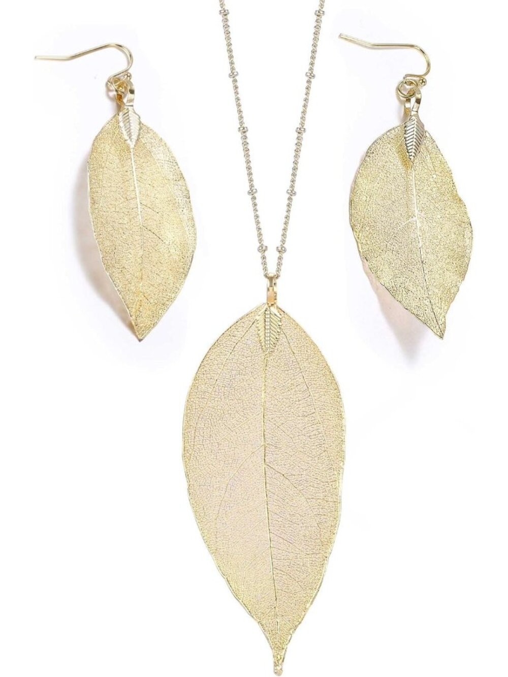 Elegant Filigree Long Leaf Pendant Dangle Necklace & Earring Jewelry Set
